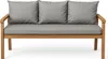 A studio shot of a grey cushioned wooden bench. Voir les images du produit