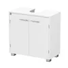 A white bathroom vanity cabinet with two doors and a cutout for a sink. Produktbild-Vorschau