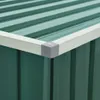 Close-up of the corner of a green garden box, showing the corrugated metal roof and a gray corner protector. Produktbild-Vorschau