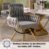 Two gray upholstered chairs with gold legs are shown in a dining room setting, with a marble-topped table in the background. Text overlays indicate a 360-degree swivel feature. Produktbild-Vorschau