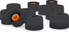 A collection of black silicone ear tips with orange inner cores, arranged in a scattered pattern on a white background. Produktbild-Vorschau