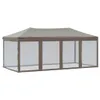 A taupe party tent with clear side walls, shown from the front. Náhled obrázku produktu