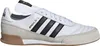 A side view of a white Adidas Mundial Goal indoor soccer shoe with black stripes and tan accents. Produktbild-Vorschau