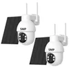 Two white wireless security cameras with solar panels are shown against a white background. Produktbild-Vorschau