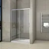 A modern bathroom with a sliding shower door and a towel rack. Produktbild-Vorschau