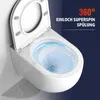 A close-up view of a modern white wall-mounted toilet with the lid open, showing water swirling inside the bowl. The background is a dark blue gradient with text overlay. Anteprima dell’immagine prodotto