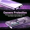 A close-up marketing image of a phone case with glitter and a camera protection feature highlighted. Produktbild-Vorschau