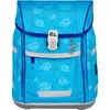 A blue backpack with a bubble pattern, featuring a dolphin charm and a white closure mechanism. Voir les images du produit