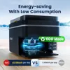 A black KROAK cooler is shown on a wooden surface with a beach and water in the background. Text highlights energy saving features and an 'ECO Mode' button. Produktbild-Vorschau