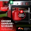 A gas grill with a propane tank inside its cabinet, featuring marketing text and icons. Produktbild-Vorschau
