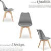 Three views of a gray dining chair with wooden legs, presented against a white background with marketing text. Náhled obrázku produktu