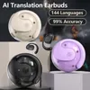 A marketing image showcasing multiple colors of AI translation earbuds with feature callouts. Produktbild-Vorschau