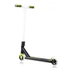 A white and black stunt scooter with green and yellow accents is shown against a white background. Náhled obrázku produktu