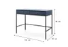 A dark blue desk with black legs and two drawers, shown from a three-quarter angle with dimensions indicated. Voir les images du produit