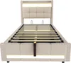 A beige upholstered bed frame with a slatted mattress support system and LED lighting. Anteprima dell’immagine prodotto
