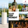A collage of images showing a modern bioethanol fireplace in various outdoor and indoor settings with people enjoying themselves. Produktbild-Vorschau