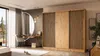 A bedroom scene featuring a large wooden wardrobe with slatted doors, a dressing table with a round mirror, and a chair. Produktbild-Vorschau