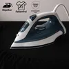 An iron is shown on a black fabric, likely a fitted sheet, with marketing icons and text in the background. Produktbild-Vorschau