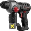 A black and gray cordless hammer drill with red accents is shown against a white background. The drill has a white LED light near the front and a red rotary switch on top. A yellow 'X' symbol is overlaid on a grayed-out section at the bottom of the handle, Produktbild-Vorschau