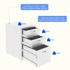 A white rolling file cabinet with three drawers is shown from a diagonal front-left perspective. Text overlays and icons indicate features and capacity. Náhled obrázku produktu
