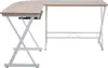 A corner desk with a light wood-effect top and white metal legs, shown against a white background. Voir les images du produit
