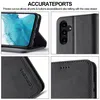 Collage of images showing a black phone case with a flip cover, highlighting its features like precise cutouts, camera protection, and embossed branding. Produktbild-Vorschau