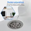 A close-up view of a sink drain with water flowing into it, and a smaller inset image showing a mini dishwasher in a kitchen setting. Produktbild-Vorschau