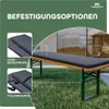 A bench cushion is shown on a beer garden bench outdoors, with a modern house in the background. Insets show different ways to attach the cushion. Podgląd zdjęcia produktu
