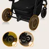 Close-up of stroller wheels, with two inset circular images showing the wheels on grass and pavement. Produktbild-Vorschau