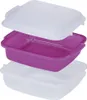 A three-piece food steamer container set, consisting of a lid, a purple steaming insert with a textured bottom, and a clear white base container. Produktbild-Vorschau