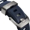 Close-up of a blue watch strap with a silver buckle. Voir les images du produit