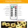 A diagram showing a remote control for LED lights, with labels indicating the function of each button, and a picture of coiled LED string lights at the bottom. Produktbild-Vorschau