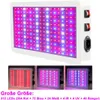 A collage of images showing a white LED grow light with various light spectrums displayed. Produktbild-Vorschau