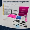 A collection of items for an AngelTech Kindertablet PRO MAX, including the tablet, accessories, and packaging, laid out on a white and light gray surface. Produktbild-Vorschau