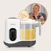 A baby food maker is shown next to a circular inset image of a baby eating. Produktbild-Vorschau