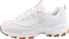 A side view of a white Skechers D'Lites sneaker with tan accents and a brown sole. Produktbild-Vorschau