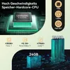 A marketing image showcasing the technical specifications of a tablet, including CPU, RAM, and storage. Produktbild-Vorschau