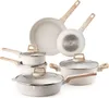 A collection of white cookware with wooden handles is arranged on a white background. Anteprima dell’immagine prodotto
