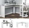 A collage of images showing a white L-shaped desk with shelves, presented in different angles and settings. Produktbild-Vorschau