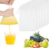 A collage showing the use of a mesh bag for juicing and a selection of fresh fruits. Produktbild-Vorschau