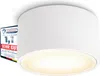 A white cylindrical LED ceiling light with a glowing diffuser, partially obscured by a marketing graphic. Produktbild-Vorschau