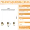 Product specifications for a black pendant light with three glass shades. Produktbild-Vorschau