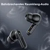 A pair of black wireless earbuds with sound wave graphics in the background. Produktbild-Vorschau