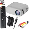 A collection of items for a mini projector, including the projector itself, a remote control, a power adapter, and AV cables, arranged on a white background. Voir les images du produit