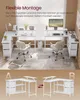 Two L-shaped desks with chairs in a room, with a diagram showing assembly options below. Produktbild-Vorschau