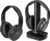 Two black wireless headphones are shown. One is on a black stand, and the other is shown separately. Produktbild-Vorschau
