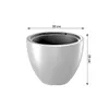 A white pot with dimensions indicated by arrows and text. Produktbild-Vorschau