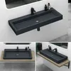 A collage of three images showing a modern, rectangular washbasin in matte anthracite, mounted on a wall and on a wooden shelf. Produktbild-Vorschau