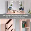 A collage of images showing a pink vanity table with drawers and shelves, featuring makeup and bottles. Voir les images du produit