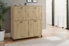 A wooden cabinet with black handles is shown in a room with a plant and white curtains. Produktbild-Vorschau